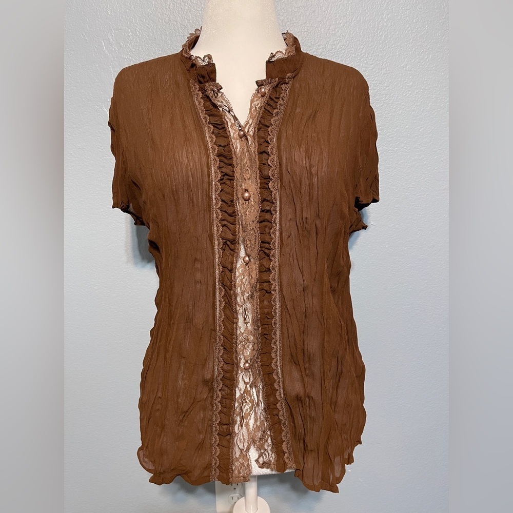 Brown Crinkle Lace Blouse Ruffle Sheer Boho Fairy Grunge Whimsigoth Goblin Small